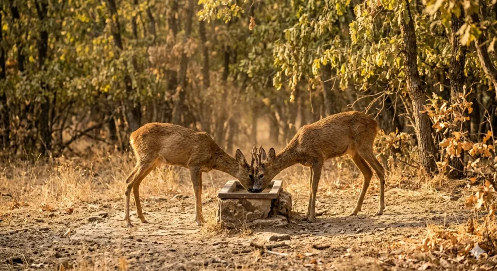 Chevreuils s'abreuvant à un point d'eau artificiel lors d'une canicule en forêt, illustrant la gestion durable pour la faune sauvage orientée chasse