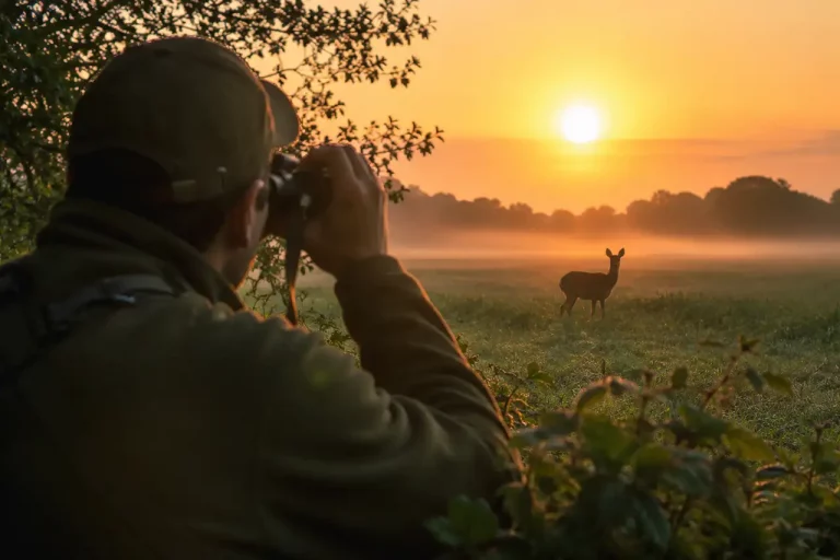 un chasseur observant un chevreuil au lever du soleil