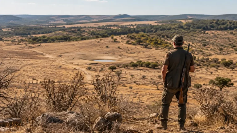 Chasseur observant un territoire desséché avant l'ouverture de la chasse 2026